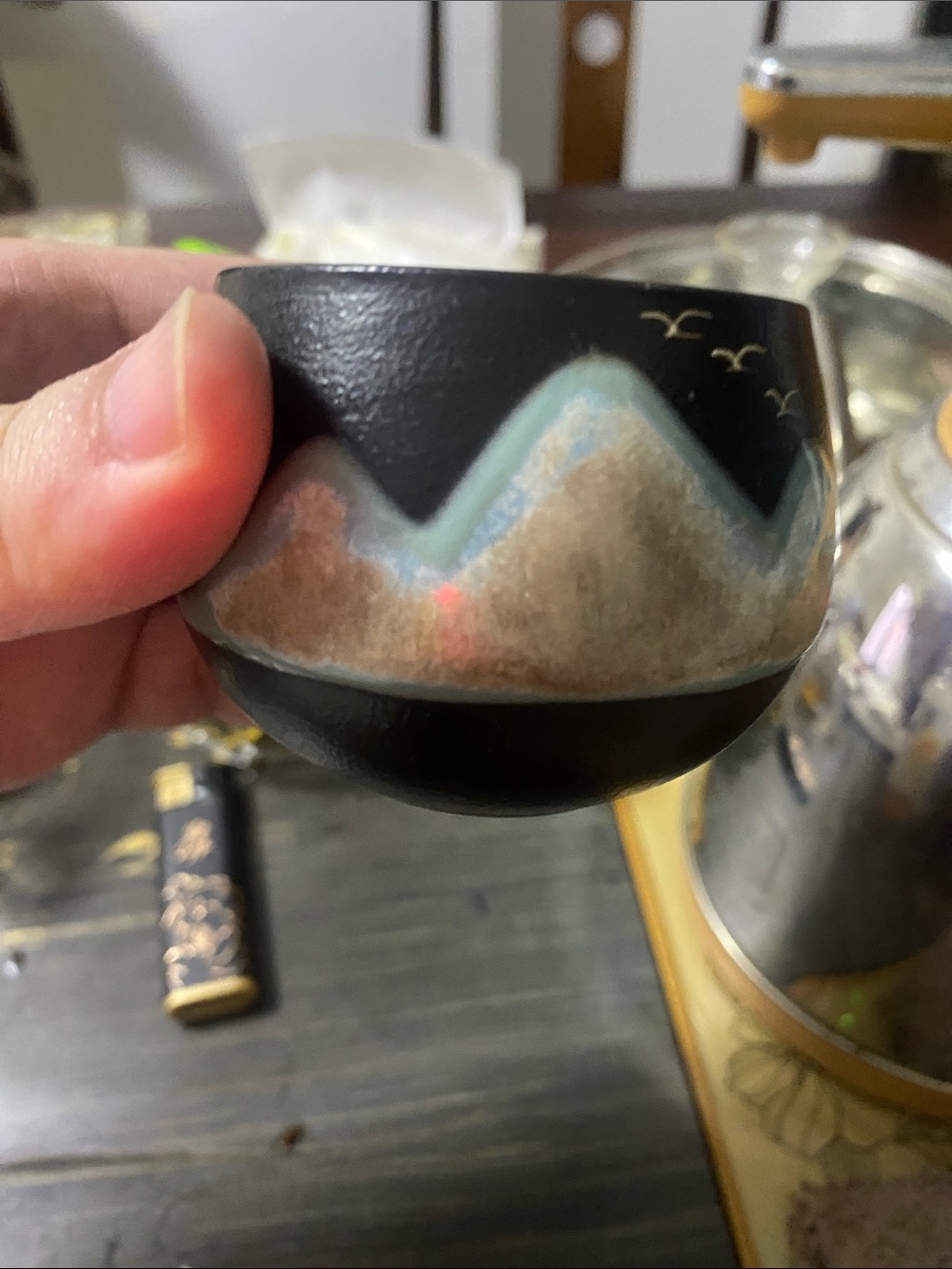 Handcrafted Black Ceramic Bowl with Mountain Motif